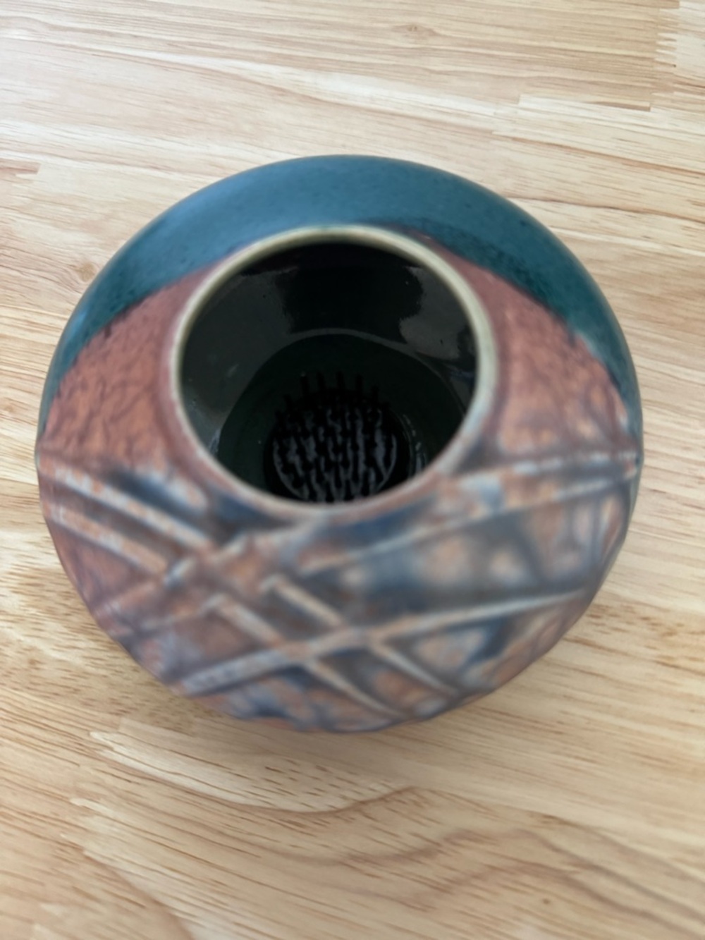 Handmade Artisan Signed Squat Pot Vase with Pin Frog